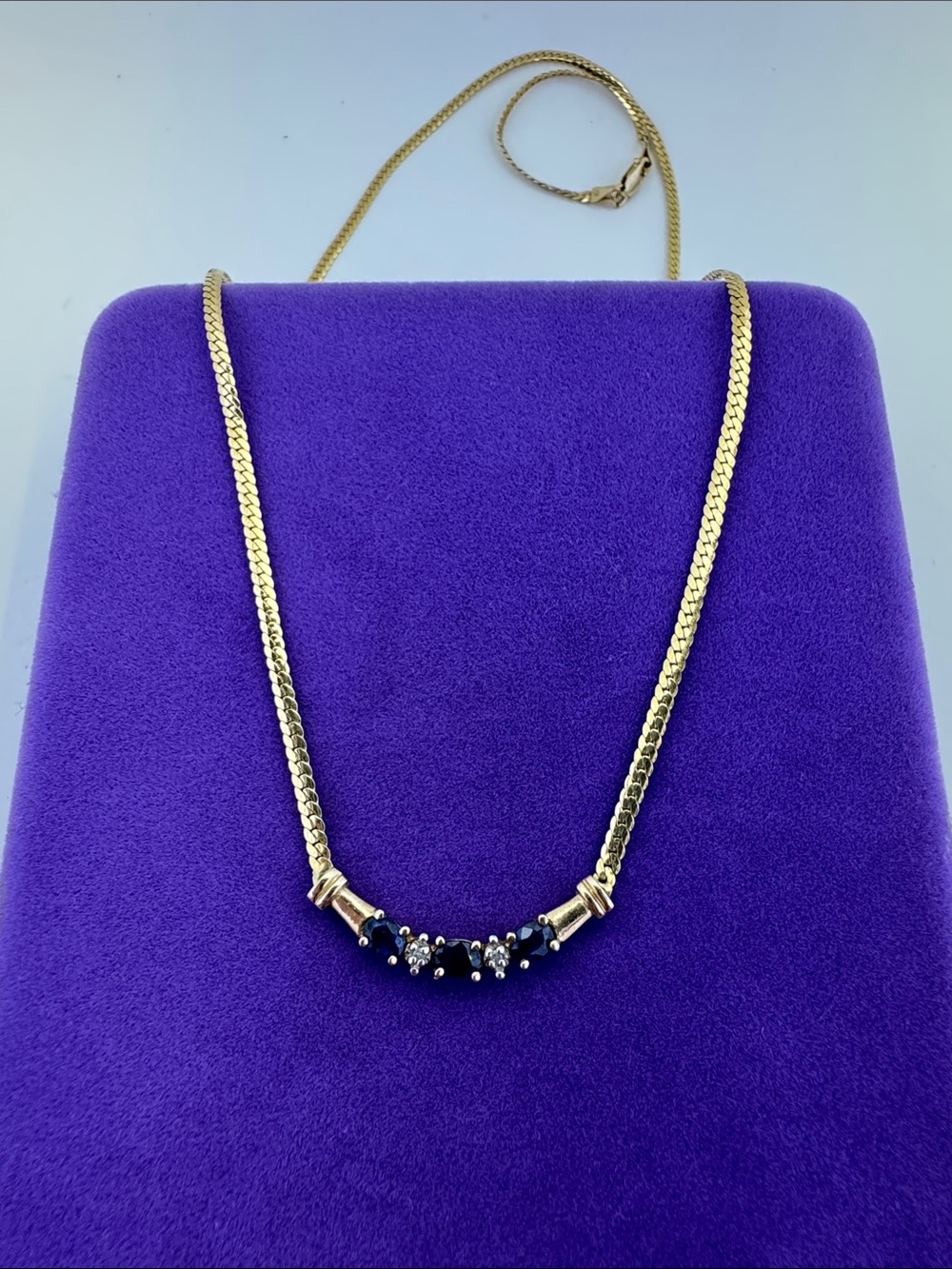 💛 Vintage 10k Gold Chain Diamond & Blue Sapphire Bar Necklace | Midnight Glamour